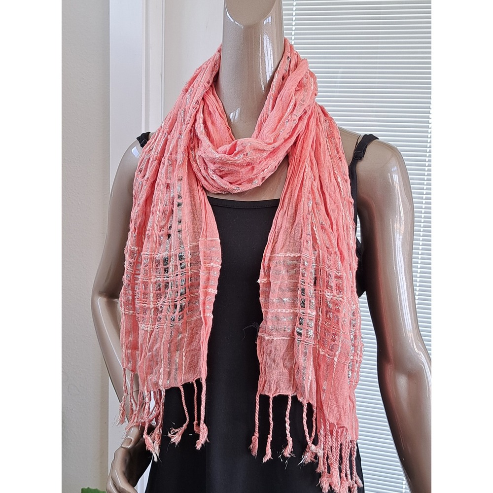 Coral Pink Crinkle Scarf Silver Metallic Shimmer Thread Fringe Trim Lightweight